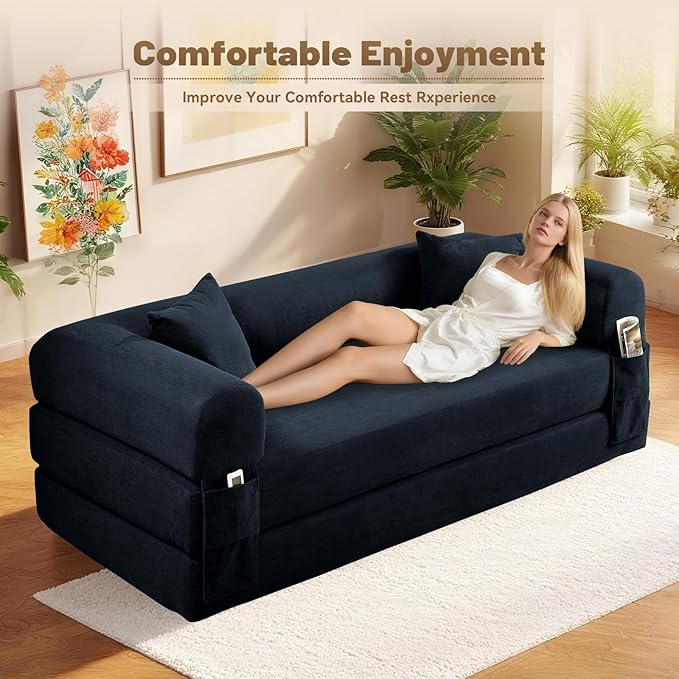 Convertible Futon Sofa Bed,80" Folding Pull Out Couch with Pillows & Storage Pocket, Oversized Queen Sleeper Sofa in a Box,Corduroy Boneless Couch for Living Room,Deep Blue