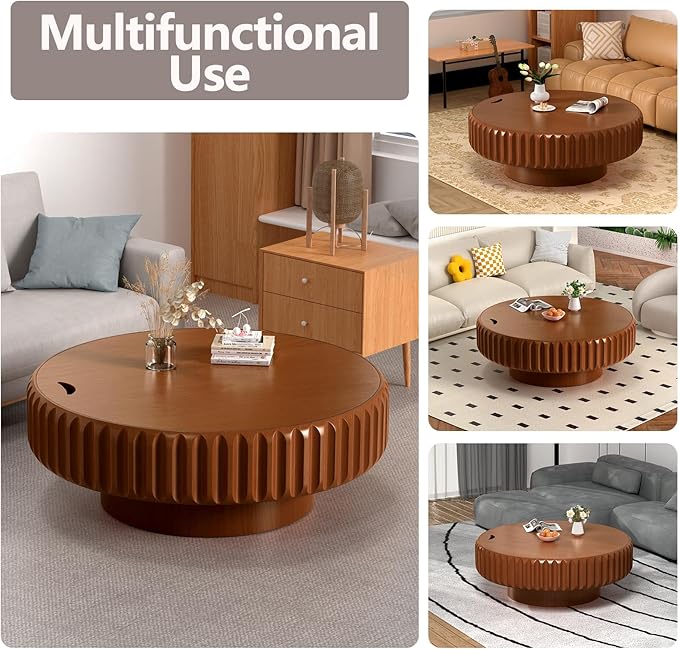39.37'' Wooden Round Coffee Table with Storage, Modern Luxury Circle Drum Center Tables with Solid Wood Fluted, Accent Round Coffee Table for Living Room Apartment Small Space, Walnut