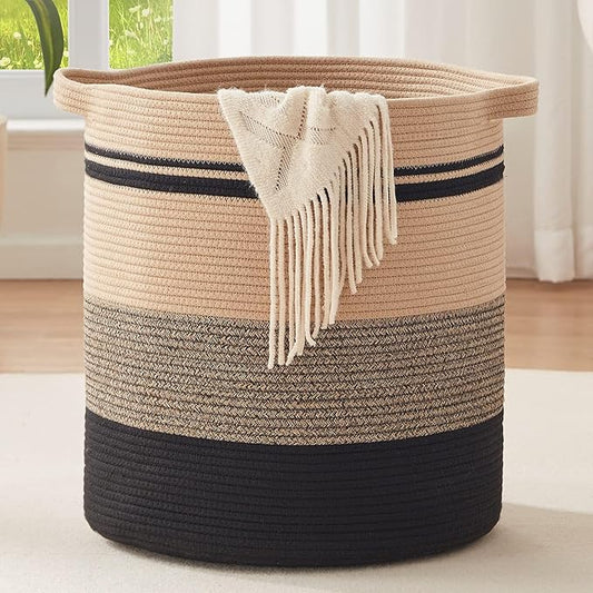 OIAHOMY 80L Laundry Baskets-Laundry Hamper,Storage Basket with Handles,Decorative Basket for Living room,Woven Storage Basket for Toys Bin,Pillows, Blankets,Clothes-20x18in-Yellow Black