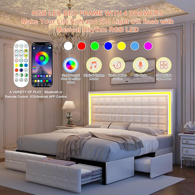 Full Led Bed Frame with 4 Storage Drawers, Bed with Led Lights No Box Spring Needed, Supports 900 lbs, Easy Assembly, Quiet and Sturdy Design, PU White