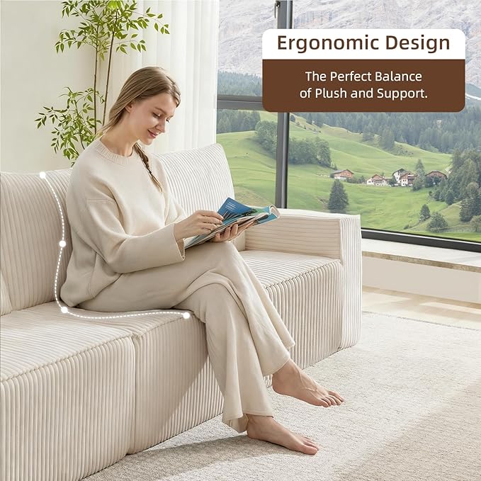 102” Boneless Modular Couch, 3 Seater Cloud Sofa for Living Room, Modern Sectional Sofa with Deep Seat, Comfy Fluffy Loveseat Couch, No Assembly Required, Beige