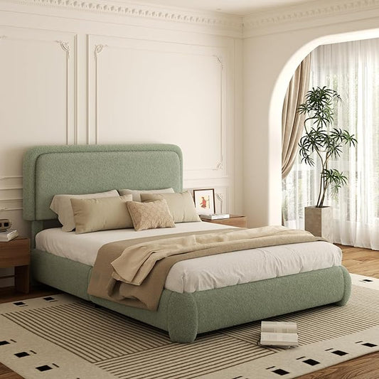 Full Bed Frame, Teddy Velvet Boucle Bed Frame with 43.3"/45.3" Adjustable Upholstered Headboard, Rounded Corners, Mattress Foundation, No Box Spring Required, Green