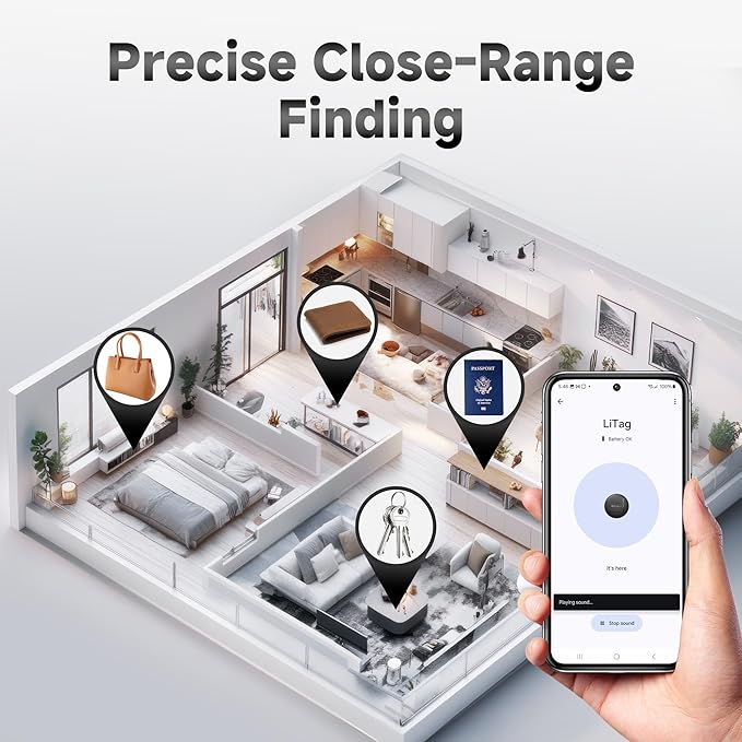 LiTag - Bluetooth Tracking Tag for Android. Smart Tracker for Google Find My Device (Find Hub) App. Item Finder Locator for Keys, Luggage, Suitcase, Backpack, Purse (4 Pack)