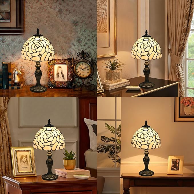 Tiffany Style Small Table Lamp, 8X8X14.5 Inch Rose Stained Glass Lamp, Small Antique Side Table Lamps, Bedside Nightstand Lamp, for Bedroom Living Room Home Office,LED Bulb Include