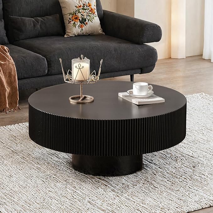 30.91" Round Drum Coffee Tables Modern Handcraft Drum Coffee Table Circle Coffee Table with Sturdy Pedestal, Fluted Wood Coffee Tables Accent End Table for Living Room,Black Thickened