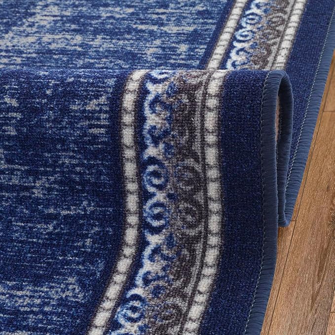 Antep Rugs Alfombras Bordered Modern 2x10 Non-Slip (Non-Skid) Low Pile Rubber Backing Indoor Area Runner Rug (Navy, 2' x 10')