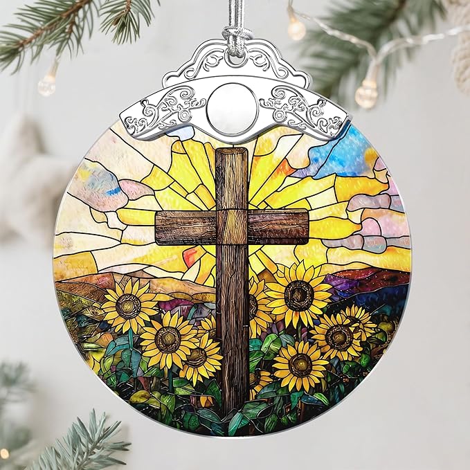 Sunflower and Cross Ornament, Christian Christmas Ornament, Religious Christmas Decor, Christian Home Decor, Gifts for Christians, Religious Gifts, Baptism Gift, Easter & Xmas Gift