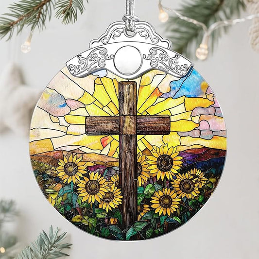 Sunflower and Cross Ornament, Christian Christmas Ornament, Religious Christmas Decor, Christian Home Decor, Gifts for Christians, Religious Gifts, Baptism Gift, Easter & Xmas Gift