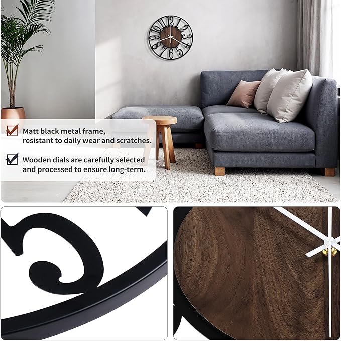 Maxstar Wall Clock Battery Operated,Silent Non-Ticking Modern Rustic Metal Round Clocks Small for Living Room/Bedroom/Office/Kitchen/Farmhouse Home Decor-12 Inch(Brown-Wood)