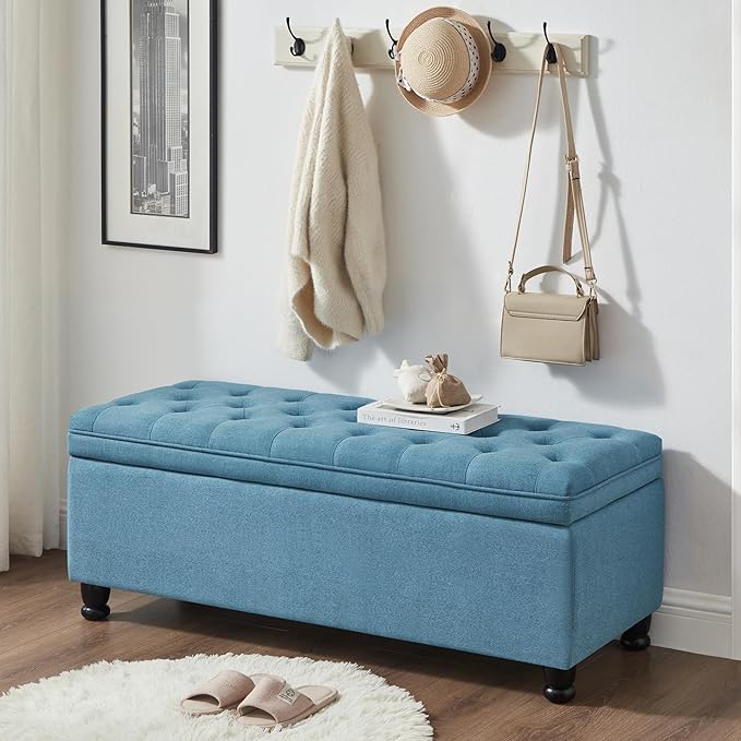 mikibama Bed End Storage Ottoman Bench,Linen Upholstered Storage Benches for Bedroom,Tufted 45" Long Ottoman Bench with Storage for Living Room Entryway Window (Light Blue 45")