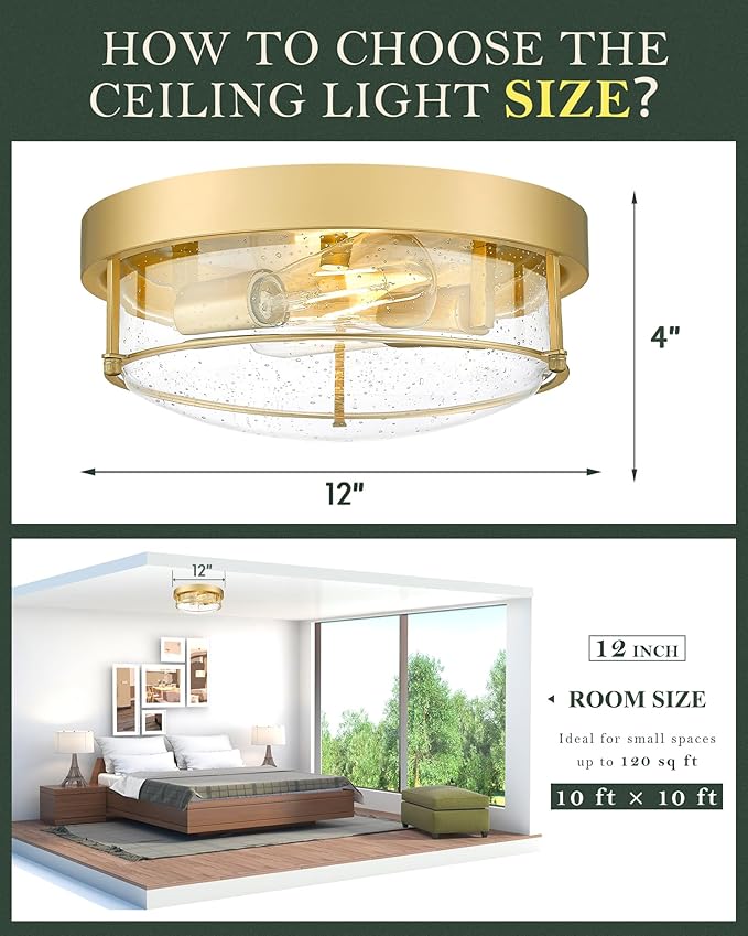 12" Flush Mount Ceiling Light, Farmhouse Style, Bubble Glass,Brass Gold, for Living Room, Bedroom, Dining – CKCL4822-2W-SGBB