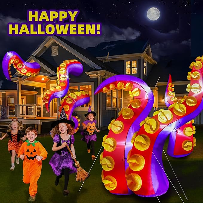 Max Fun 4pcs Halloween Inflatables Octopus Tentacles Outdoors Decorations with LED Lights Built-in Blow Up Yard Decoration for Outdoor Garden Lawn (8FT- Halloween Inflatables Octopus Tentacle)