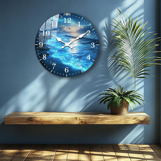 Beach Wall Clock 12 inch Battery Operated Modern Blue Wall-Clock Sea Star Pattern Clocks Analog Wooden Clock Non Ticking for Bedroom, Office Decor