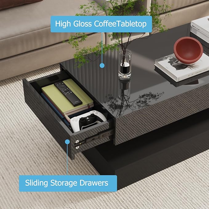 Uspeedy 47.3in Large High Glossy LED Coffee Table with 2 Storage Drawers,Black/White Modern Coffee Tables for Living Room,Living Room Tables,APP LED Lights (Black)
