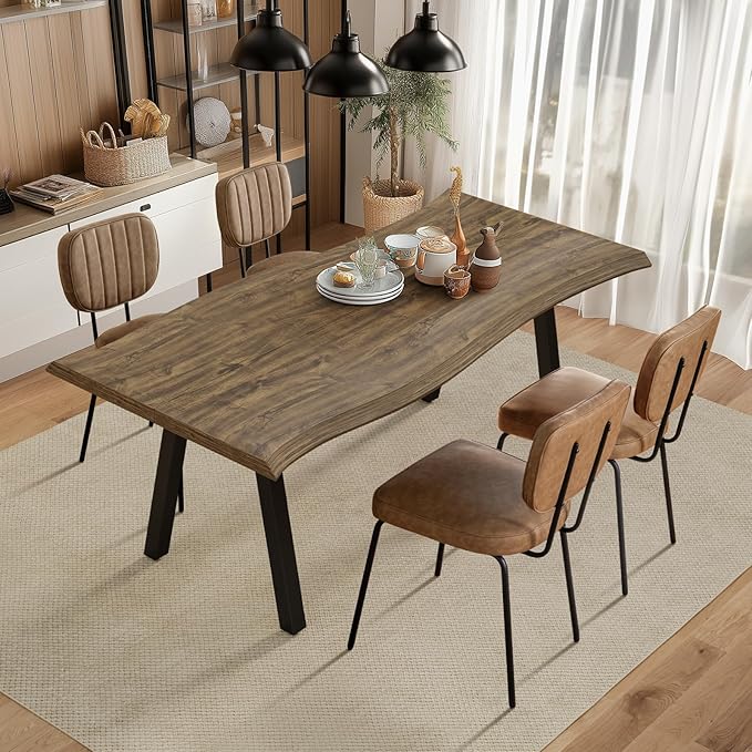 70" L Farmhouse Dining Table for 4-6, Natural Live Edge Tabletop, Large Modern Wood Kitchen Table with Metal Legs, Rectangle Rustic Dining Room Furniture, Easy Assembly & Clean (Brown, Only Table)