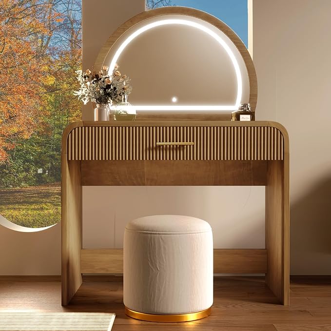 Merax 39" Make Up Vanity Desk with Touch Screen Lighted Mirror and Storage Drawer, Rubber Wood Girls Makeup Dresser Table for Bedroom, Dressing Room