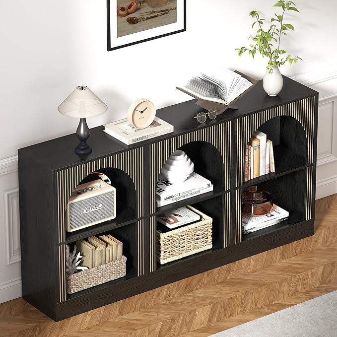 Console Table Set of 2, Extra Long 126" Arched Entryway Table with 3-Tier Open Storage, Rectangular Wooden Sofa Table for Living Room, Hallway, Behind Couch (2, Black)