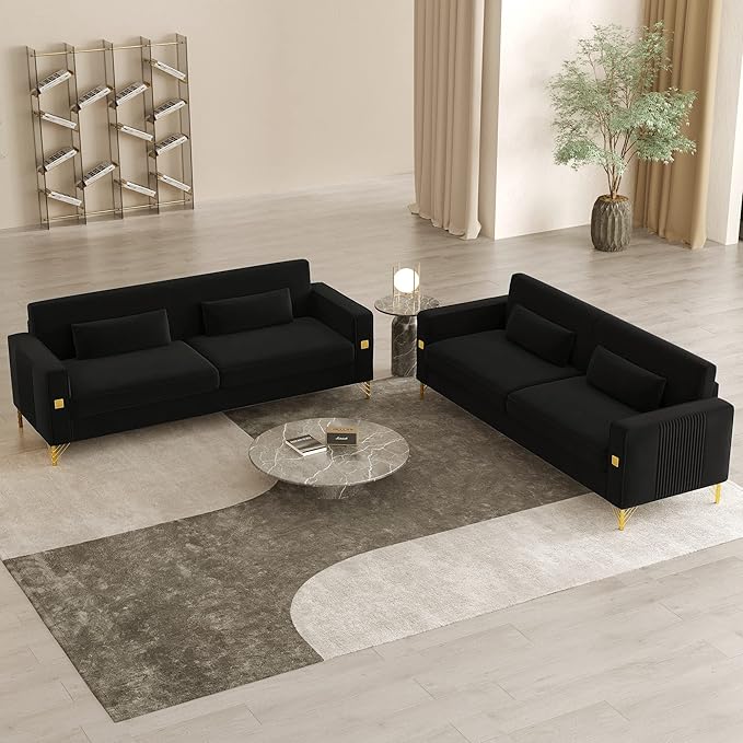 2PCS 85" Black Velvet Sofa Set,Modern Loveseat Couch with Pillows Set of 2 for Living Room,Bedroom,Apartment Furniture with Gold Metal Legs