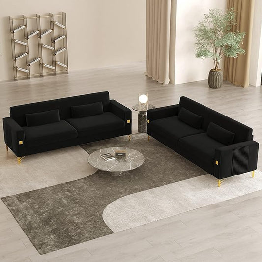 2PCS 85" Black Velvet Sofa Set,Modern Loveseat Couch with Pillows Set of 2 for Living Room,Bedroom,Apartment Furniture with Gold Metal Legs