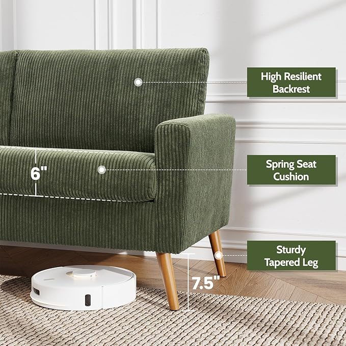 WEUP 68" Loveseat Sofa Green Corduroy Couch, Mid Century Modern Love Seat Couches for Living Room, Small Loveseat for Bedroom Office, Comfy Sofa with Spring Cushion, Solid Wood, Tool-Free Assembly