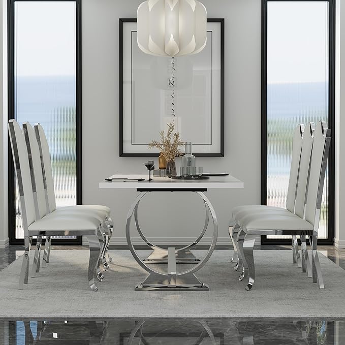 Asday 80 inch Dining Table, Luxury White and Silver Dining Room Table, Large Family Dining Table Modern Kitchen Table with Stainless Steel U-Base for Home Office Apartment