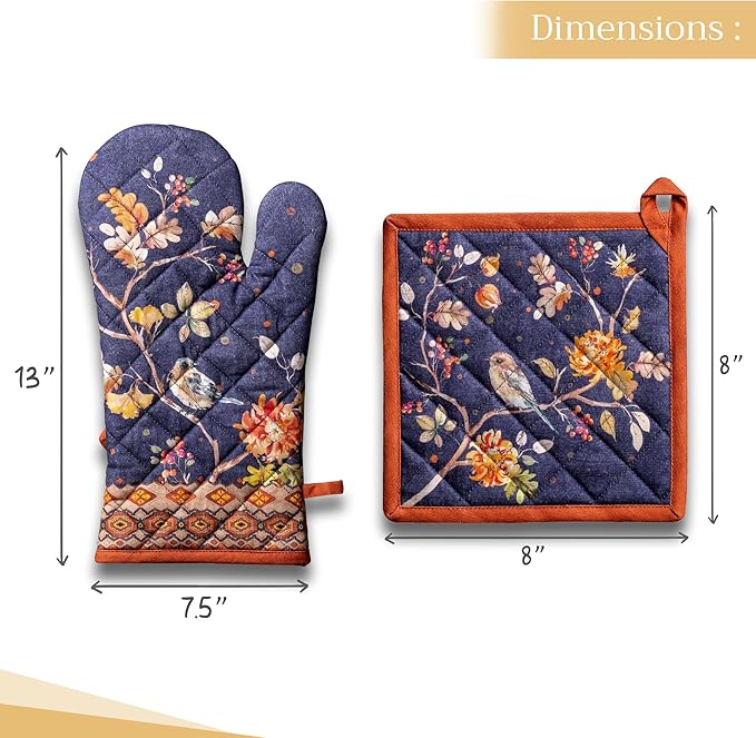 Maison d' Hermine 100% Cotton Oven Mitt & Pot Holder Set (7.5"x13" & 8"x8") Heat Resistant BBQ Cooking Gloves with Loop for Thanksgiving Christmas Decorations Handling Hot Pans (Kelim - Infinity)