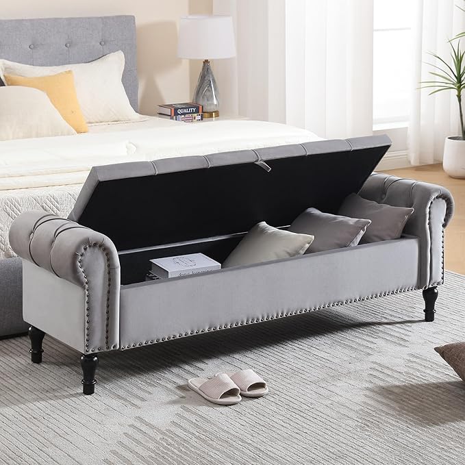 Velvet Storage Bench 67 Inch Upholstered Tufted Ottoman Bench with Arms King Size End of Bed Bench for Bedroom Living Room Entryway Grey