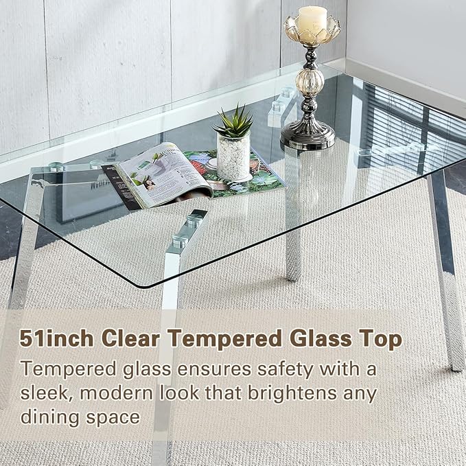 Glass Dining Table Set for 4,Rectangle Dinner Table with 4 Grey Leather Kitchen Chairs,51 in Kitchen Room Dining Set,0.31” Tempered Glass Table Top with Silver Metal Legs,4 Dining Chairs Set