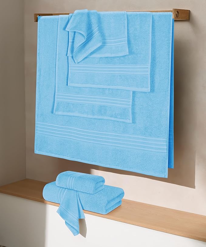 BOUTIQUO 100% Cotton Towel Set, Contains 4 Soft Bath Towel, 6 Hand Towels, 8 Wash Cloths - Compact Absorbent Lightweight & Quickdry Towels for Bathroom - 18 Piece Bathroom Towel Set - Sky Blue