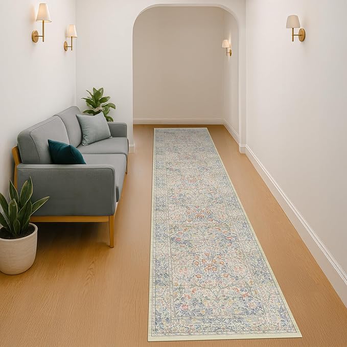 Washable Beige Blue 2x10 Runner Rug for Hallway Kitchen Mudroom, Non-Slip Stain Resistant Extra Long Floor Mat 10 ft - Vintage Floral Aethestic Decor
