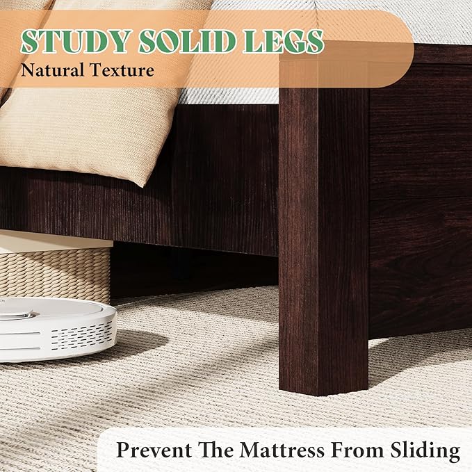 AMERLIFE Full Size 51.2" Wood Bed Frame, Rustic Platform Bed with Spliced Headboard, Wood Slats Support/Noiseless/No Box Spring Needed/Dark Brown