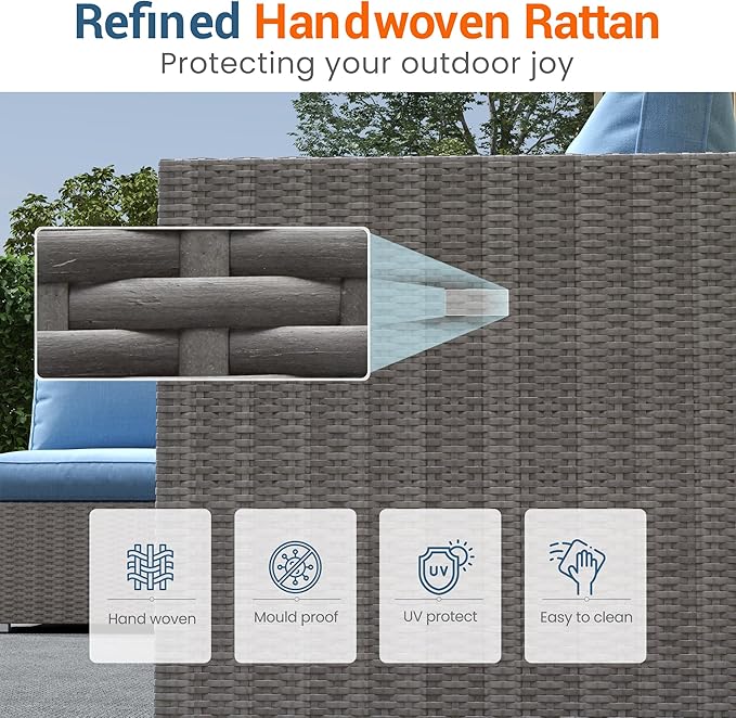 Wisteria Lane Patio Furniture Set, 2 Pieces Wicker Outdoor Furniture Patio Couch with Washable Cushions, Oversized Outdoor Sectional for Garden, Poolside, Backyard, Blue