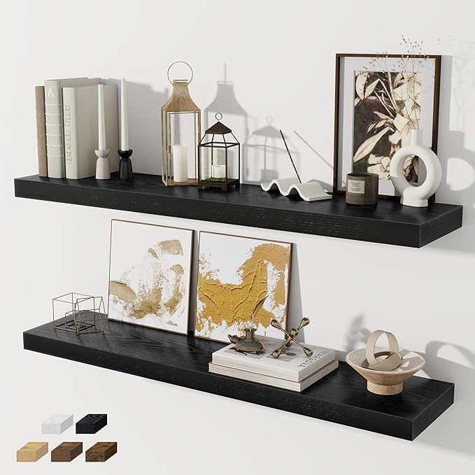 Fun Memories 40" Floating Shelves for Wall, 8 Inch Deep Floating Shelf for Books, Deep Bathroom Shelves Wall Mounted, Rustic Display Shelf for Kitchen, Bedroom, Living Room, Black Color, 2 Pack