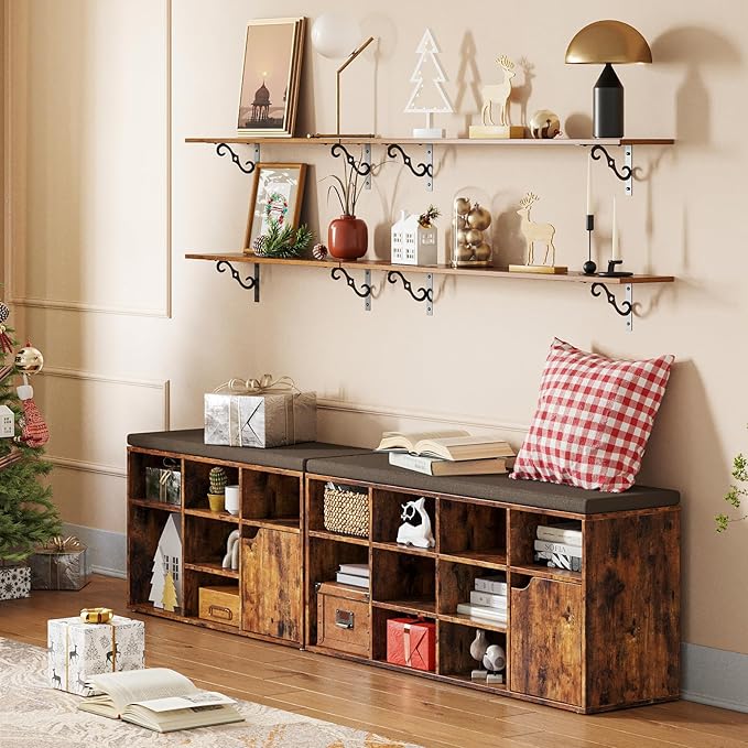 DINZI LVJ Long Wall Shelves, 31.5" Large Floating Shelves Set of 4, Farmhouse Display Shelf Wall Mounted with Heavy Duty Brackets, Easy Assembly for Kitchen, Bathroom, Bedroom, Balcony, Rustic Brown