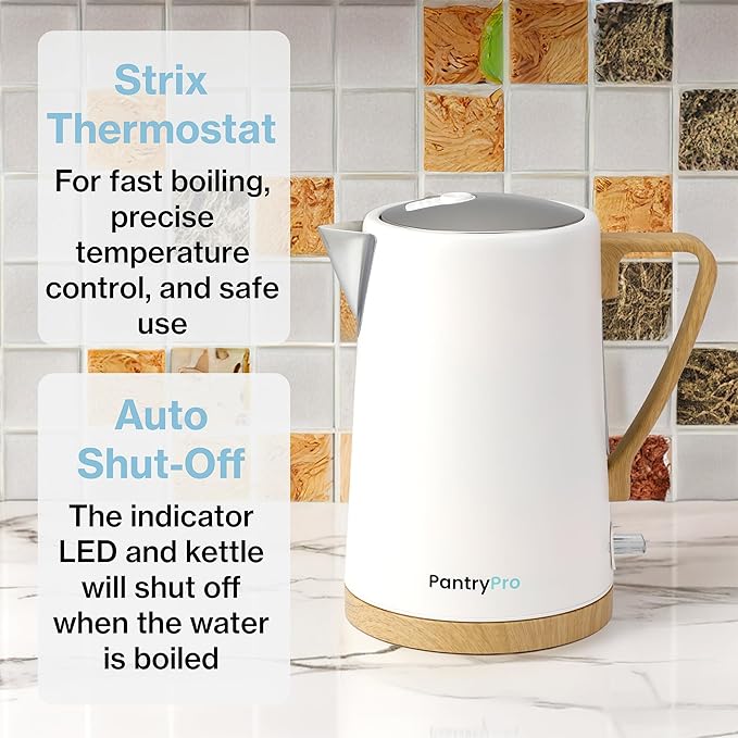 1.7L 1500W Wide Mouth Electric Kettle - Stainless Steel Interior - Rapid-Boil - Auto Shut-Off, Boil-Dry Protection, Cool-Touch, LED Indicator - White by The Display Guys