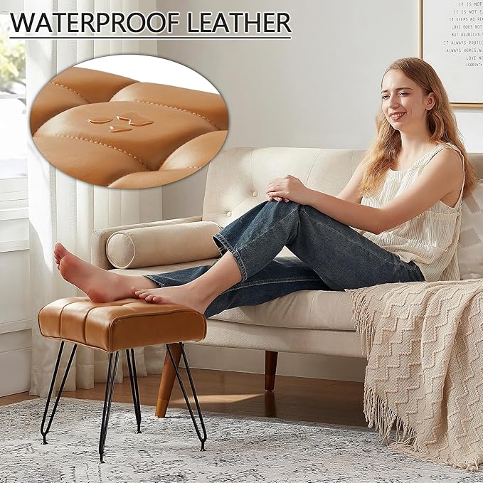 PU Leather Vanity Stools, Vanity Stool Chairs for Makeup Faux Leather Foot Stools Ottoman with Metal Leg Make up Chairs for Vanity Small Bench Seat for Living Room Bedroom (Yellow Brown)