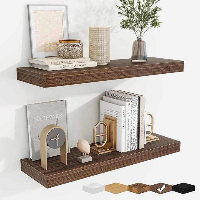 fuqing Floating Shelves for Wall, Wall Mounted Wood Floating Shelf with Invisible Brackets for Living Room, Bathroom, Bedroom, Kitchen Storage and Decor, 24 Inch Set of 2, Walnut