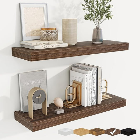 fuqing Floating Shelves for Wall, Wall Mounted Wood Floating Shelf with Invisible Brackets for Living Room, Bathroom, Bedroom, Kitchen Storage and Decor, 24 Inch Set of 2, Walnut
