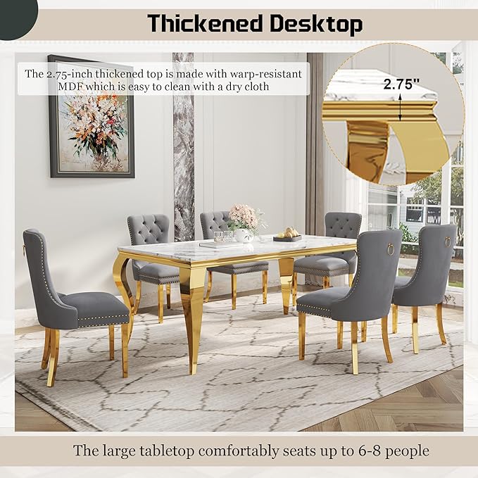 7-Piece Dining Table Set for 6, Faux Marble Dining Table Set with 70'' Marble Dinner Table and 6 Velvet Wing Back Chairs for Kitchen, Dining Room, Gray & Gold