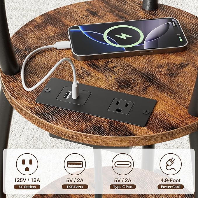 Round Side Table with Power Outlet & USB Ports, 3-Tier End Table with Storage Shelf, Modern Rustic Nightstand, Small Spaces Accent Table for Living Room Bedroom, Easy Assembly, Rustic Brown