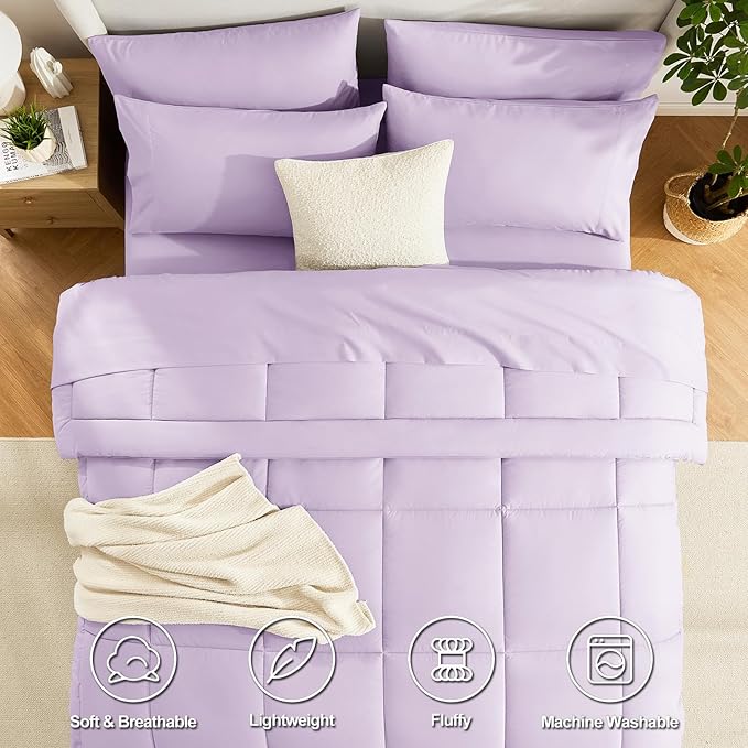 CozyLux Queen Comforter Set Lavender, 7 Pieces Bed in a Bag, Light Purple Comforter Queen Size, All Season Bedding Sets with Stitch Quilted Comforter, Flat Sheet, Fitted Sheet, Pillowcases
