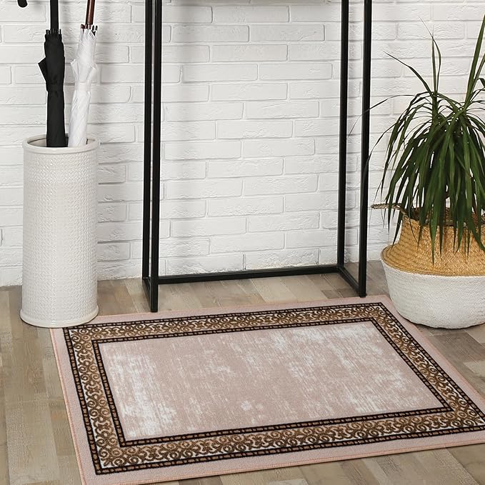 Antep Rugs Alfombras Bordered Modern 2x4 Non-Slip (Non-Skid) Low Pile Rubber Backing Kitchen Area Rug (Beige, 2'3" x 4')