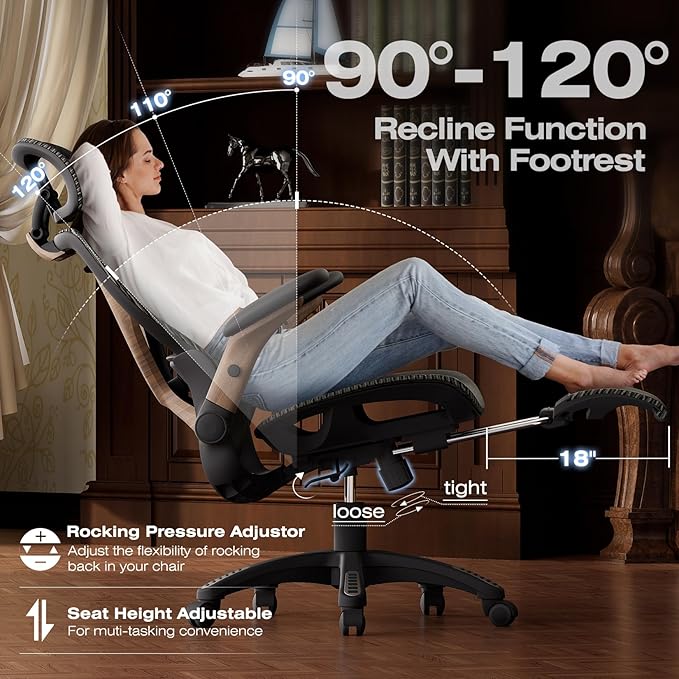 ELABEST X100 Ergonomic Office Chair with Footrest, Big and Tall Home Desk Chair with 5D Flip-Up Arms, Adjustable 3D Lumbar Support,High Back Rolling Computer Chair, Swivel Mesh Chairs (Coffee Break)