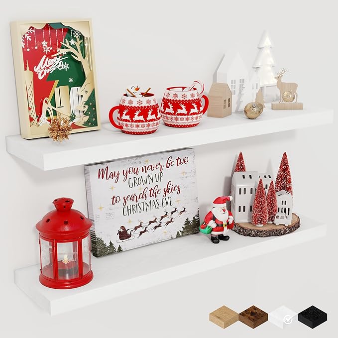 Fun Memories Floating Shelves for Wall, 27.5" Rustic Wood Deep Wall Mounted Shelves with Invisible Brackets for Decor & Storage, Floating Shelf for Living Room, Bathroom (White, Set of 2)