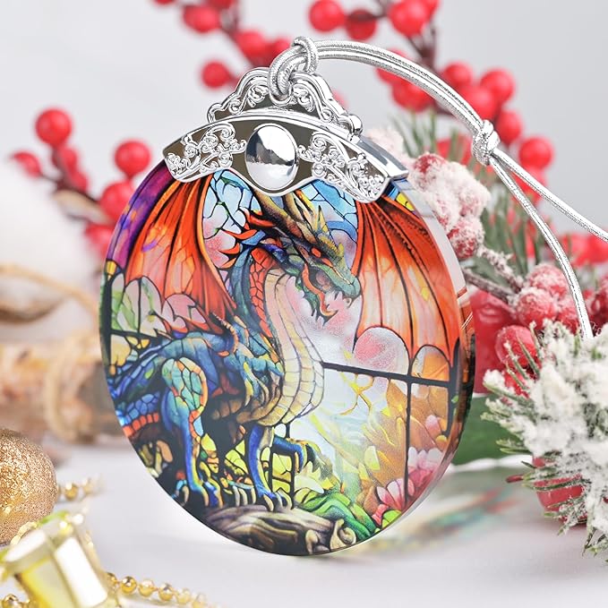Dragon Christmas Ornament, Stained Glass Hanging Ornament, Christmas Tree Decoration, Holiday Ornament - Dragon with Wingspan
