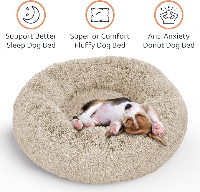 Donut Dog Bed - Premium Comfort for Anxiety Relief - Fluffy & Calming Design with Ultra-Plush Support | Cozy Round Dog Bed with Super Soft Circle Style (Size M Beige)