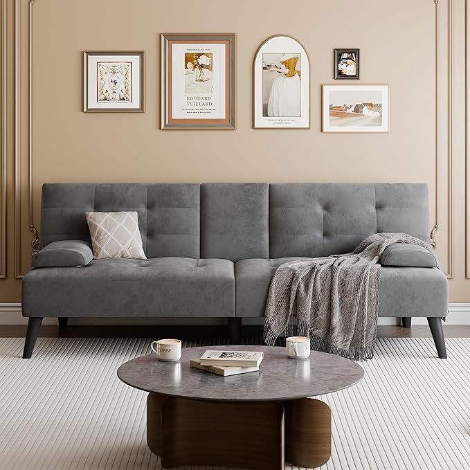 Meilocar Small Futon Sofa Bed Couch, Modern Convertible Sofa Couch, 64 in Recliner Sofa Bed for Living Room, Office, 2 Armrest Pillows, 2 Cup Holders, Dark Grey