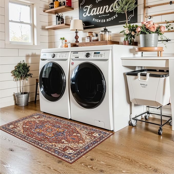 Moynesa Ultra-Thin Washable Kitchen Rugs, 2x4 Small Entryway Rug Door Mat Non Slip Stain Resistant, Oriental Throw Rug for Front Indoor Entrance Bathroom Laundry Room, Brown/Multi