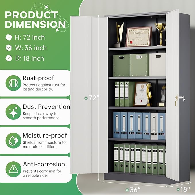 INTERGREAT Metal Storage Cabinet for Garage,72" Lockable Storage Cabinets with Doors and Adjustable Shelves,Steel Locking Cabinet for Garage,Office,Home,Gym,School (White Grey)