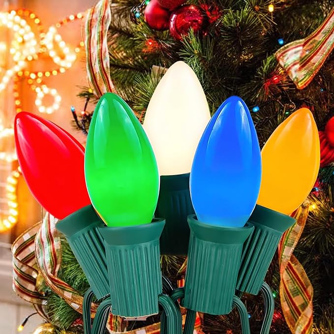 Couah Christmas Lights, 25Ft C9 Vintage Christmas String Lights with 27 Multicolor Ceramic Incandescent Bulbs, Hanging String Lights for Indoor Outdoor Tree Christmas Decorations (Green Wire)